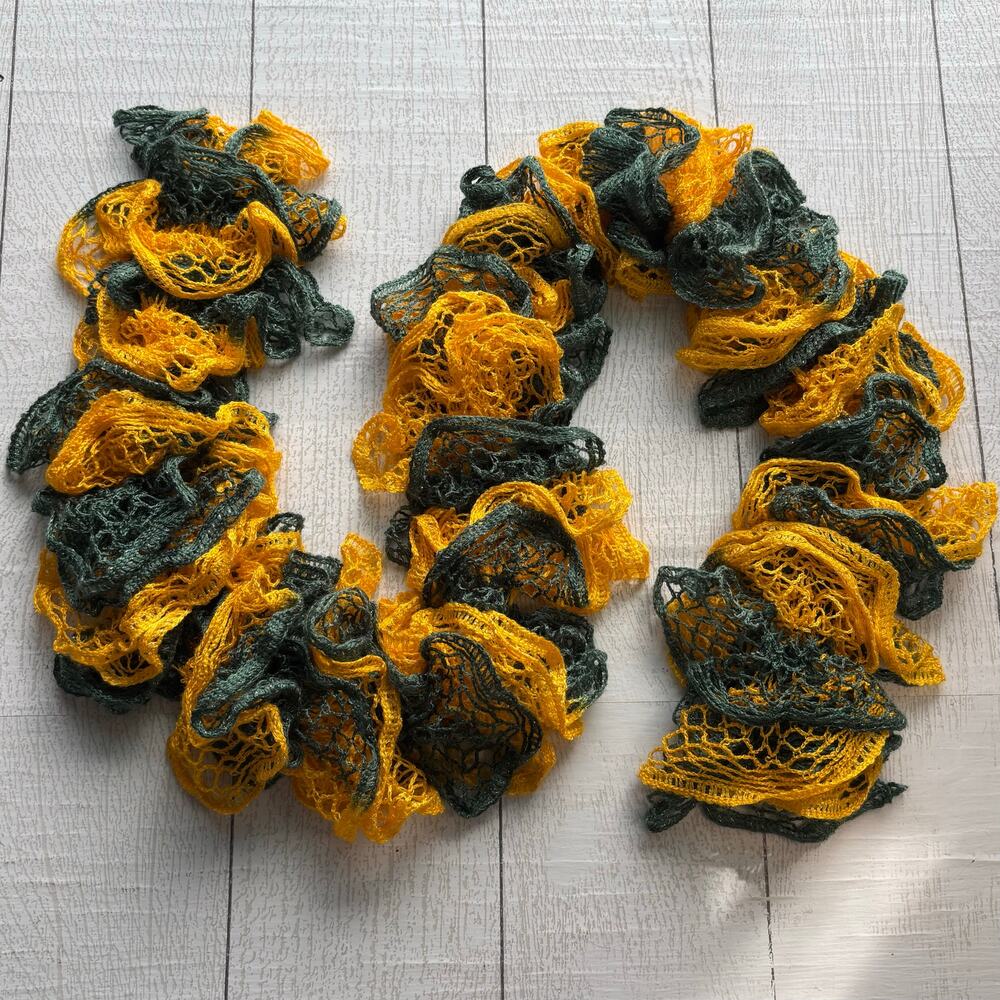 Handmade Crocheted Green and Yellow Ruffle Scarf With Silver Thread Accents